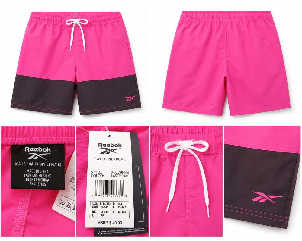 Reebok Boys Two Tone Swim Trunk Laser Pink Size L 14/16
